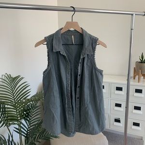 Free People Gray Linen Blend Button Down Vest Small
